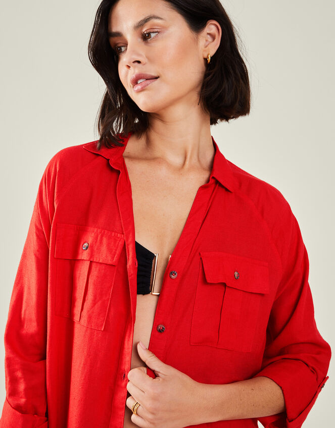 Long Sleeve Beach Cover Up Shirt, Red (RED), large