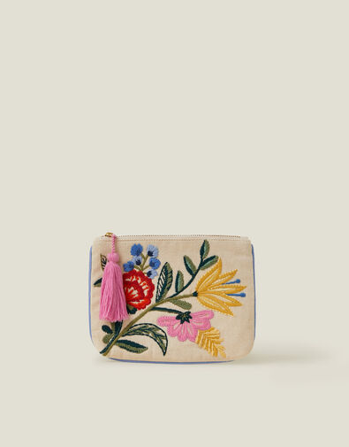 Floral Embroidered Cotton Coin Purse, , large