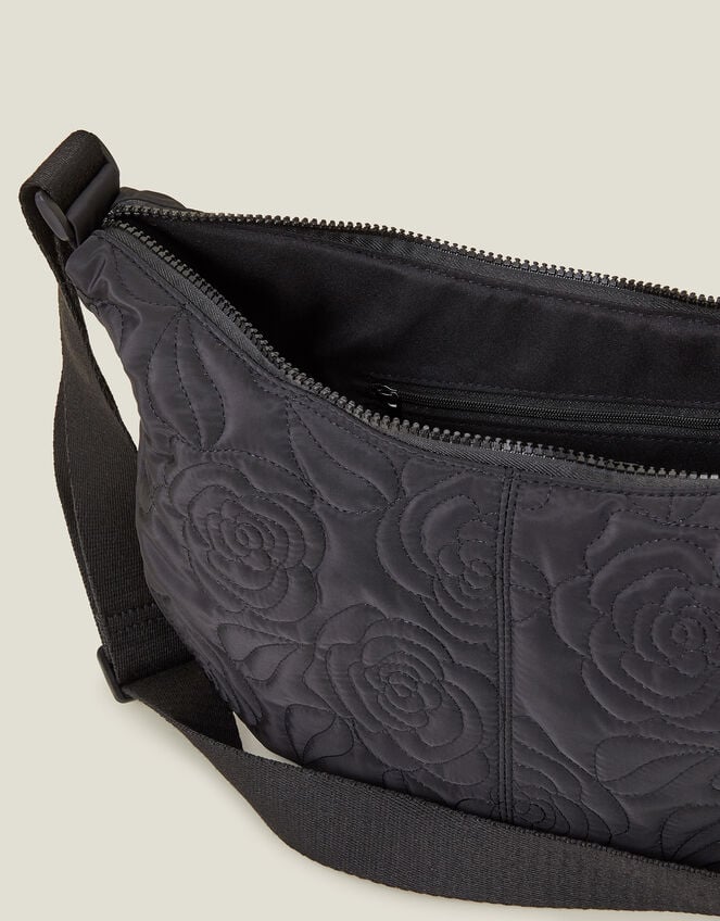 Large Floral Quilted Sling Bag, Black (BLACK), large