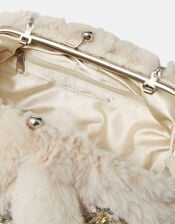 Brooch Embellished Faux Fur Clutch Bag, , large