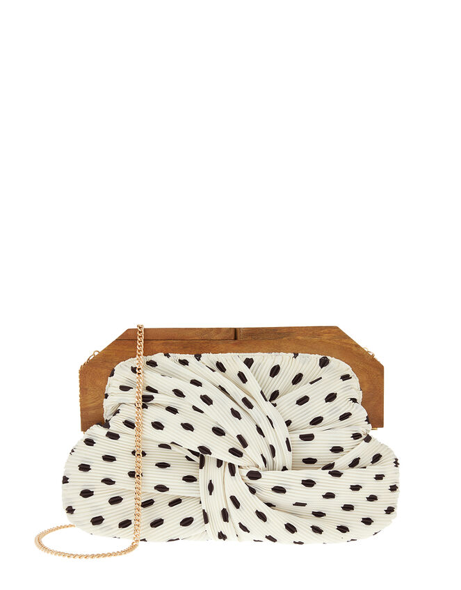 Brooke Pleated Clutch Bag with Wooden Frame, Black (BLACK/WHITE), large