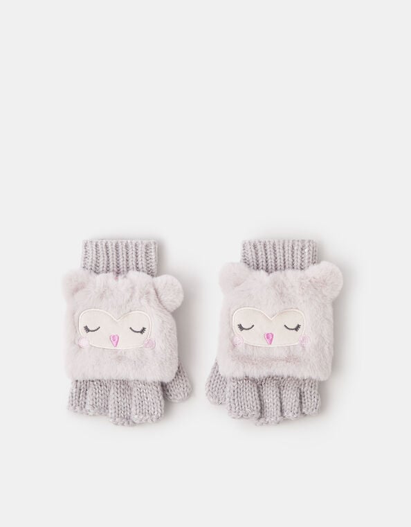 Girls Fluffy Owl Fingerless Gloves with Mittens, Natural (NATURAL), large