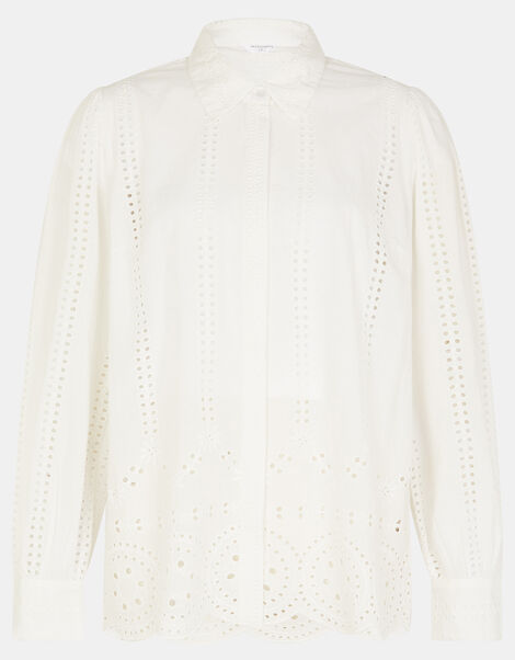 Long Sleeve Broderie Shirt, White (WHITE), large
