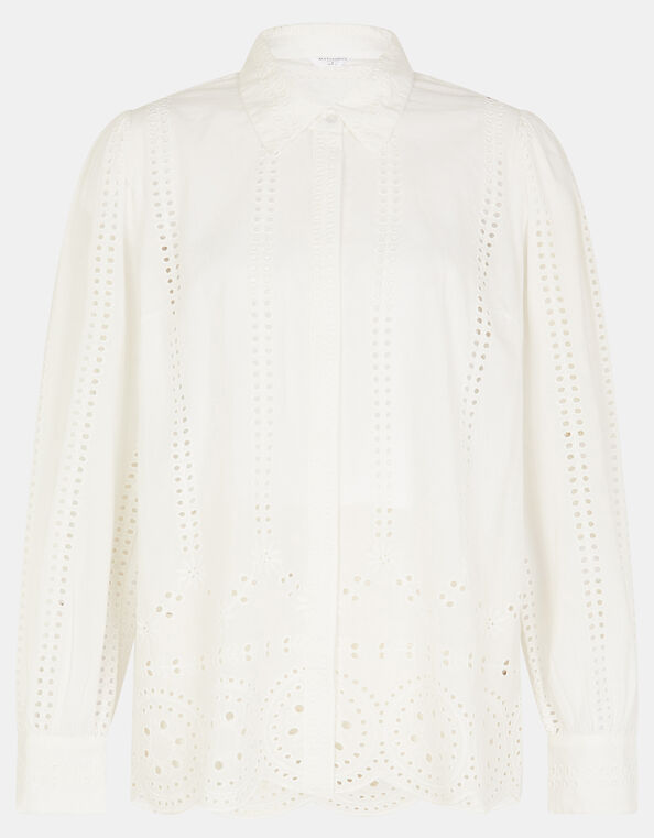 Long Sleeve Broderie Shirt, White (WHITE), large