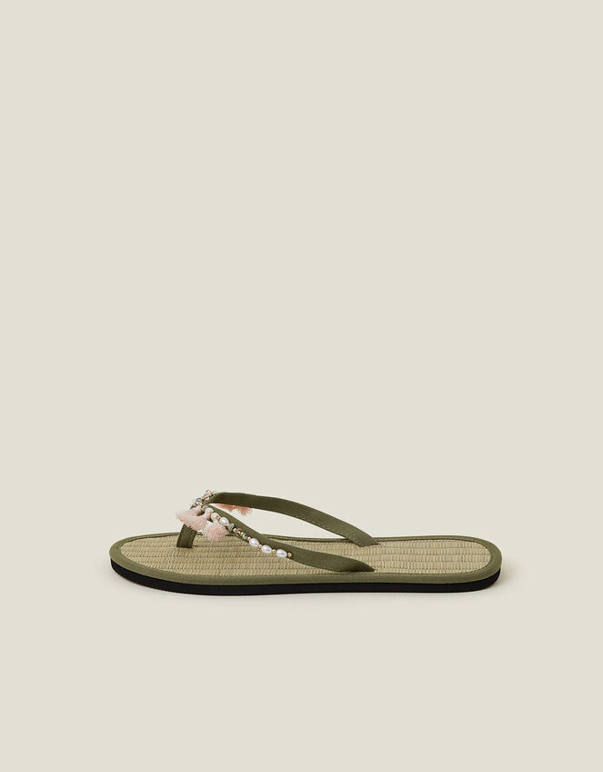 Tassel Seagrass Footbed Flip Flops, Green (KHAKI), large