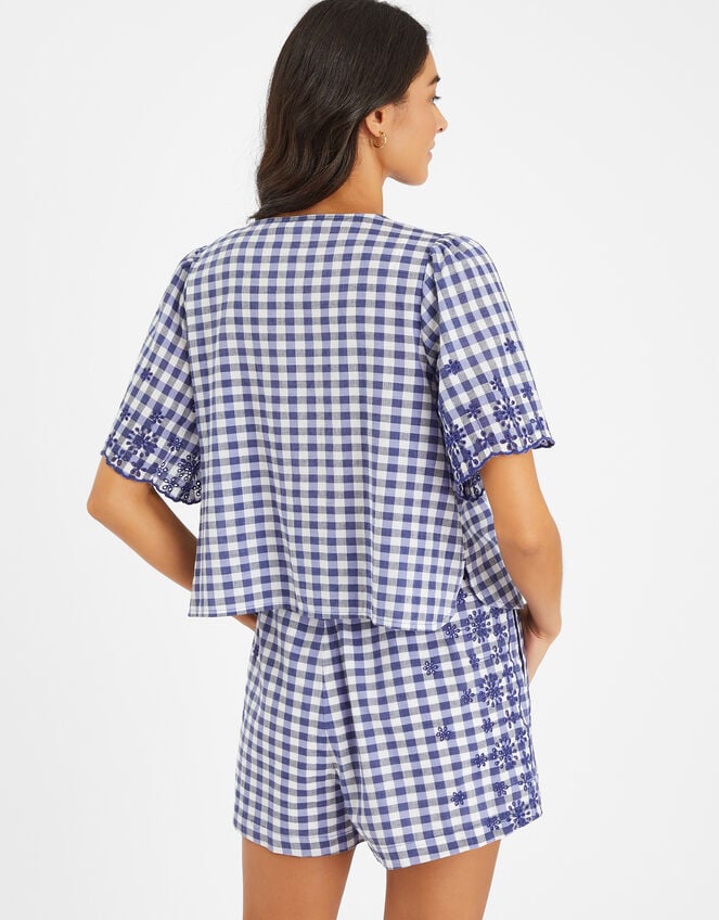 Gingham Embroidered Tie Top, Blue (BLUE), large