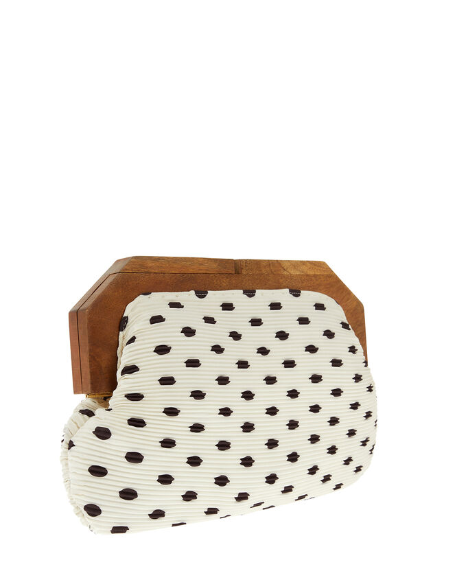 Brooke Pleated Clutch Bag with Wooden Frame, Black (BLACK/WHITE), large
