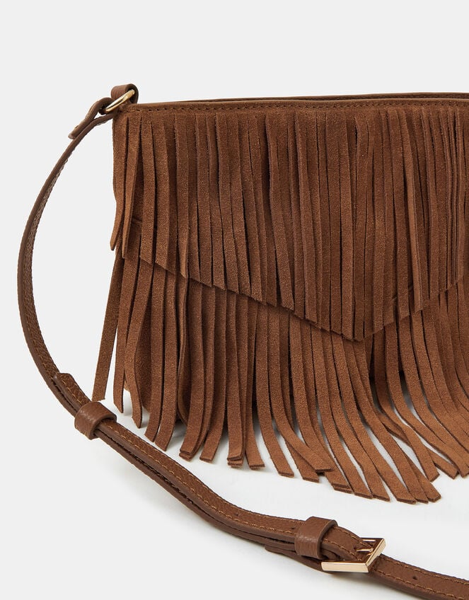 Suede Fringe Crossbody Bag, Tan (TAN), large