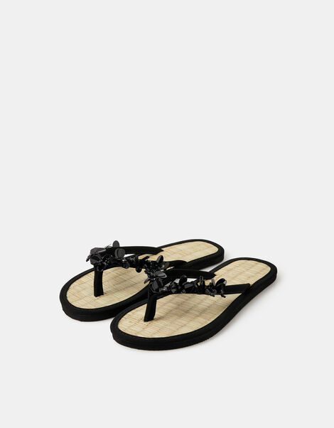 Sequin Embellished Seagrass Flip Flops, Black (BLACK), large
