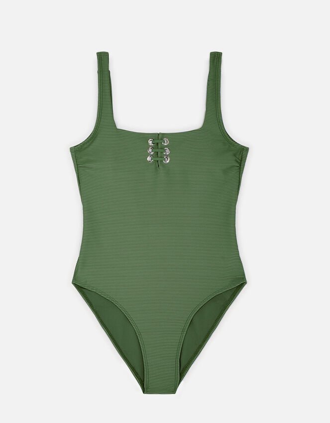 Lace Up Rib Swimsuit, Green (KHAKI), large