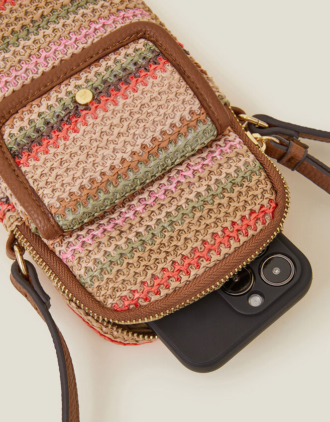 Stripe Raffia Cross-Body Phone Bag, , large