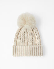 Chunky Knit Pom-Pom Beanie, Cream (CREAM), large