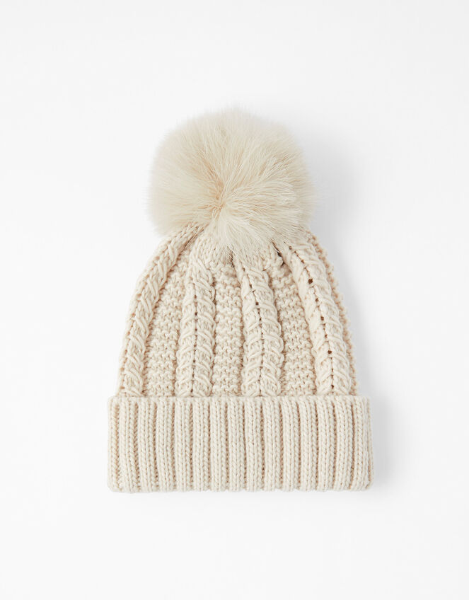 Chunky Knit Pom-Pom Beanie, Cream (CREAM), large