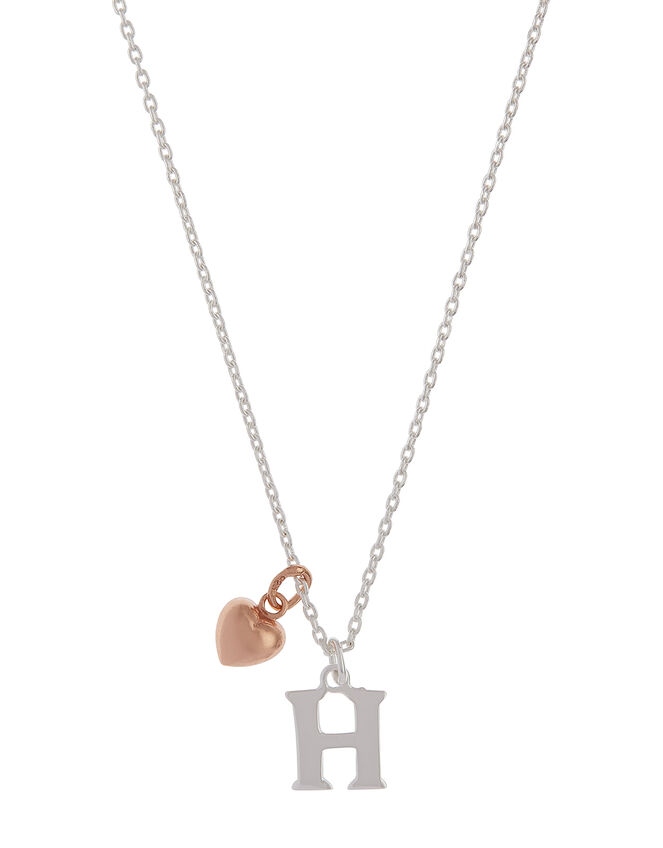Sterling Silver Initial Necklace with Heart Charm - H, , large