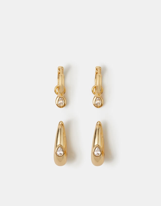 2-Pack 14ct Gold-Plated Teardrop Stone Hoop Earrings, , large