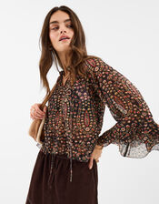 Floral Paisley Print Ruffle Blouse, Black (BLACK), large