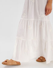 Floral Embroidered Tiered Maxi Skirt, White (WHITE), large