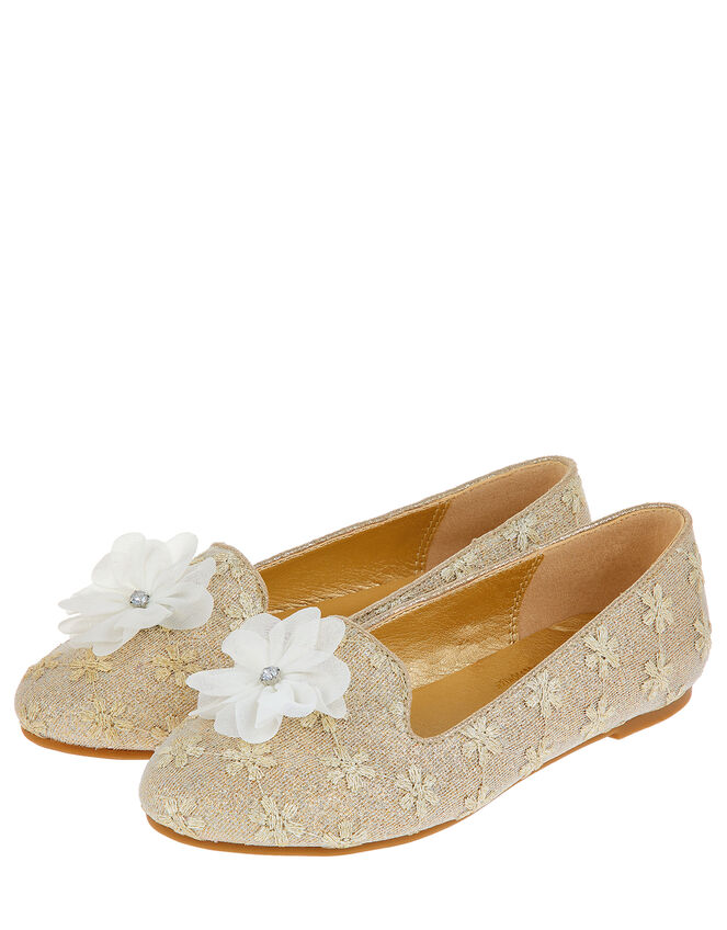 Flower Embroidered Sparkle Flat shoes, Natural (IVORY), large