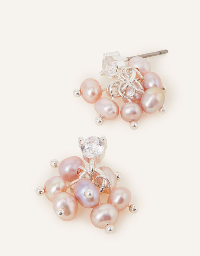 Sterling Silver-Plated Pearl Cluster Earrings, , large