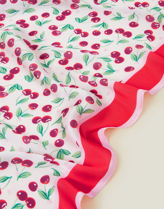 Square Cherry Print Satin Scarf, , large