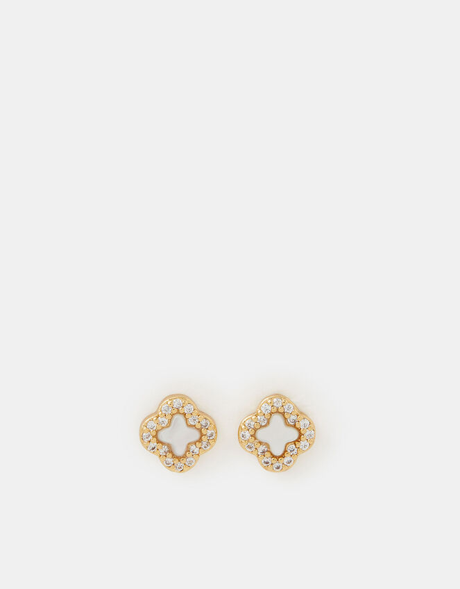 14ct Gold-Plated Mother of Pearl Clover Stud Earrings, , large