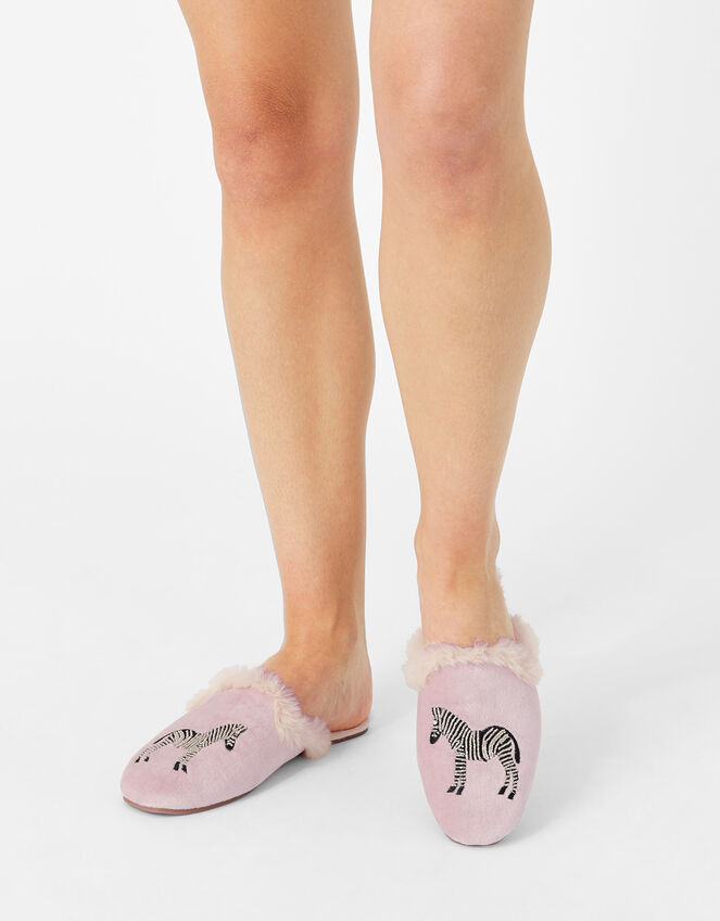 Zebra Motif Embellished Slippers, Pink (PALE PINK), large
