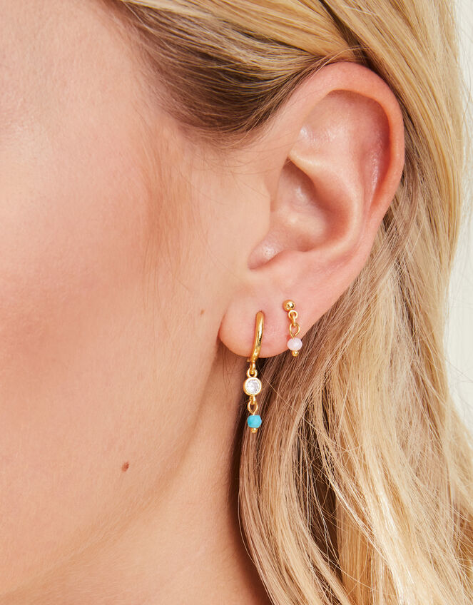 3-Pack 14ct Gold-Plated Sparkle Stud Hoop Earrings, , large