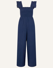 Frill Shoulder Shirred Bodice Jumpsuit, Blue (NAVY), large