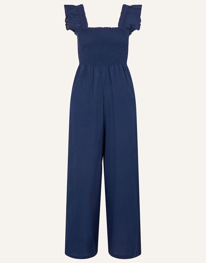 Frill Shoulder Shirred Bodice Jumpsuit, Blue (NAVY), large