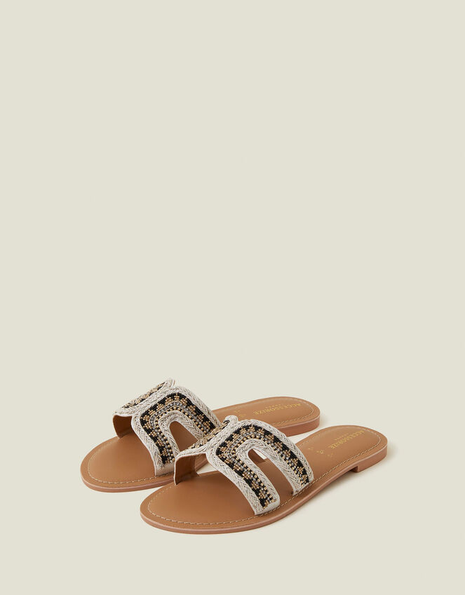 Bead Embellished Cut-Out Sliders, Black (BLACK WHITE), large