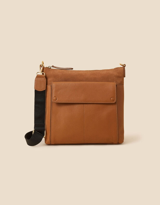 Large Fold Over Flap Leather Messenger Bag, Tan (TAN), large