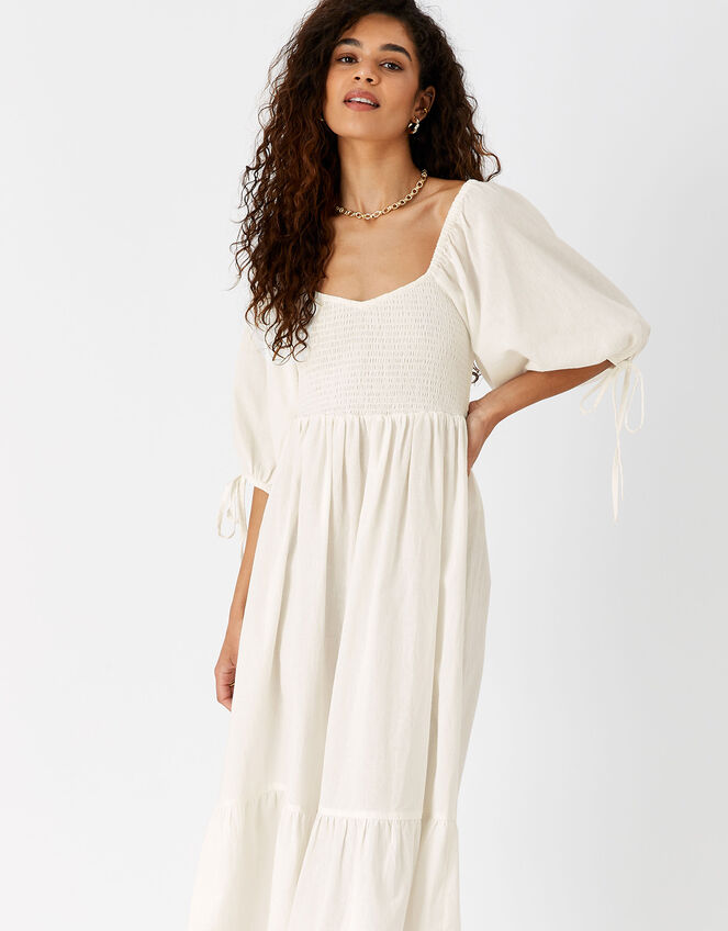 Puff Sleeve Textured Midi Dress, White (WHITE), large