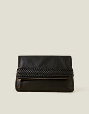 Leather Woven Clutch Bag, Black (BLACK), large