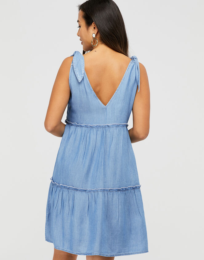 Tiered Chambray Mini Dress in TENCEL® Lyocell, Blue (BLUE), large