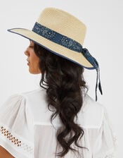 Paisley Bandana Straw Fedora Hat, , large