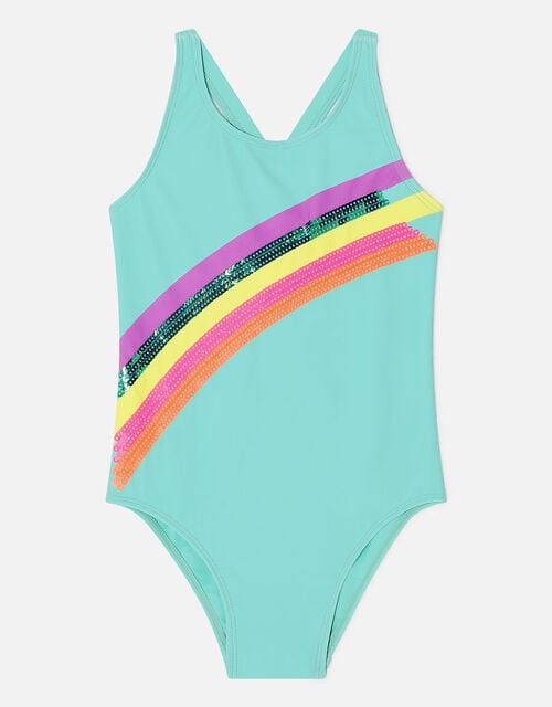 Girls Sequin Shooting Rainbow Swimsuit with Recycled Polyester, Blue (AQUA), large