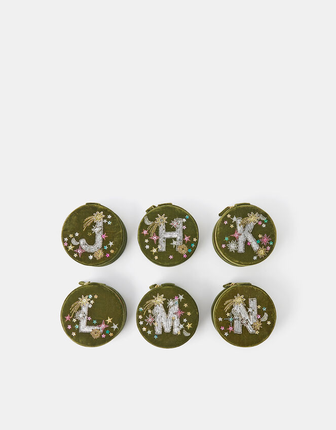 Round Initial Velvet Jewellery Box, Green (OLIVE), large