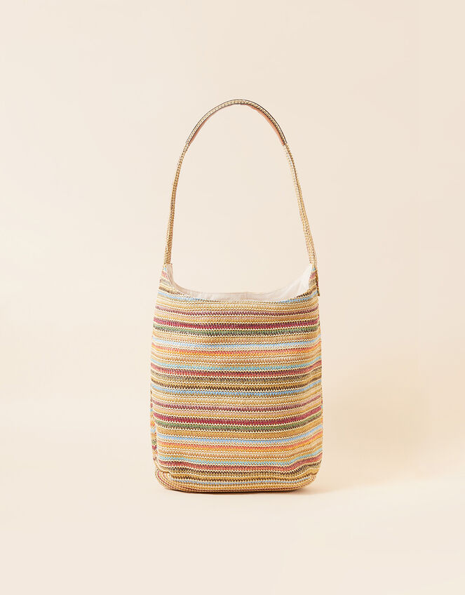 Stripe Raffia Slouch Bag, , large