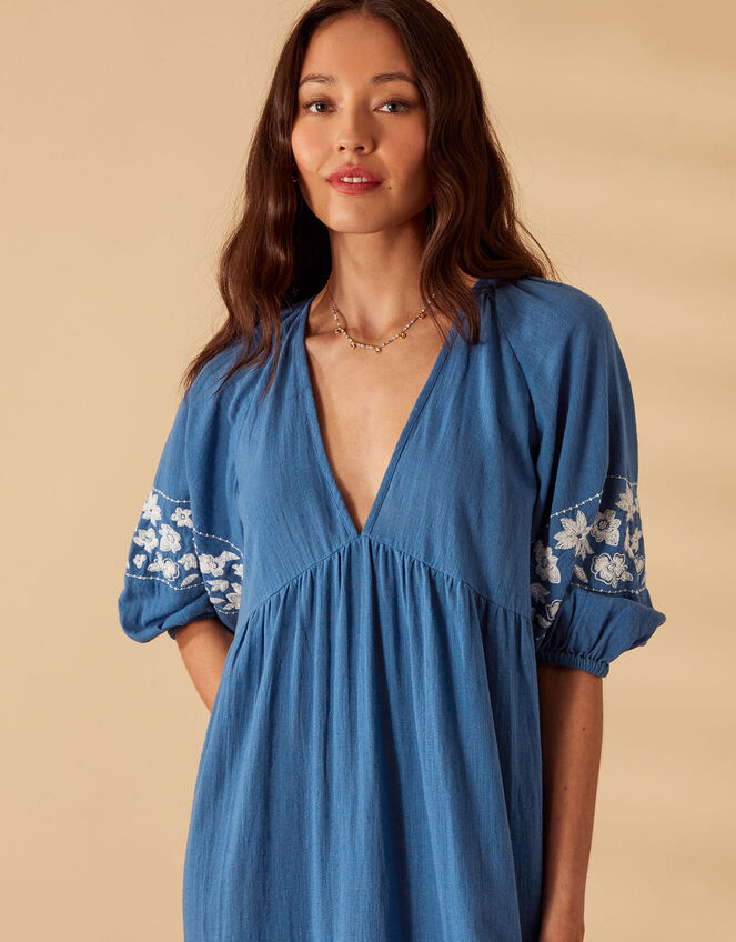 Maxi Floral Embroidered Dress, Blue (BLUE), large