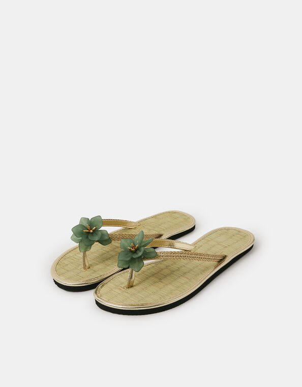Flower Metallic Seagrass Flip Flops, Green (GREEN), large