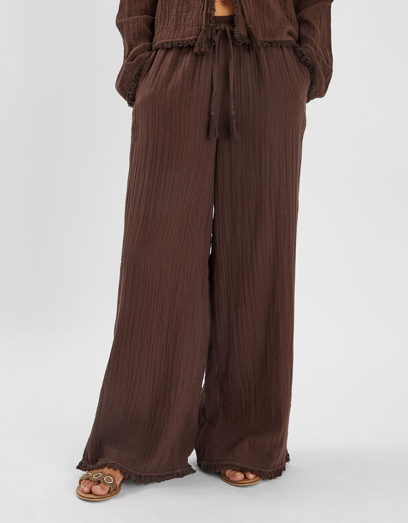 Crinkle Wide Leg Trousers, Brown (CHOCOLATE), large