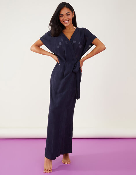 Geometric Jacquard Wrap Dress, Blue (NAVY), large
