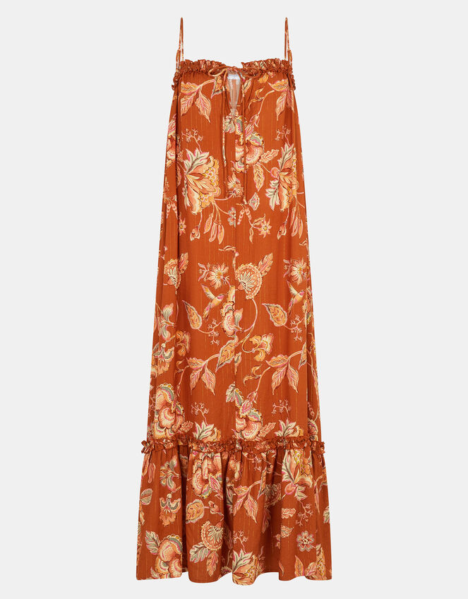 Sleeveless Floral Shimmer Maxi Dress, Orange (RUST), large