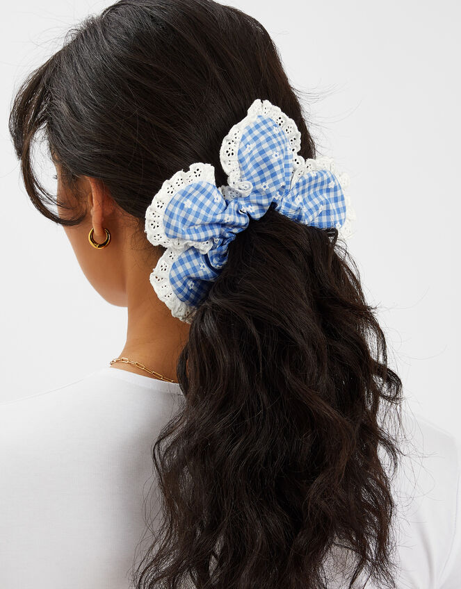 Broderie Gingham Flower Hair Scrunchie, , large