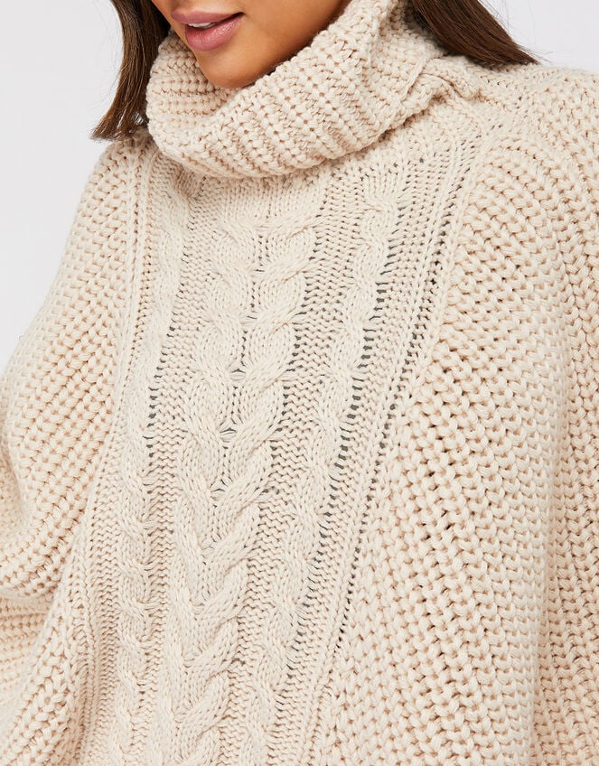 Chunky Cable Knit Poncho, Natural, large