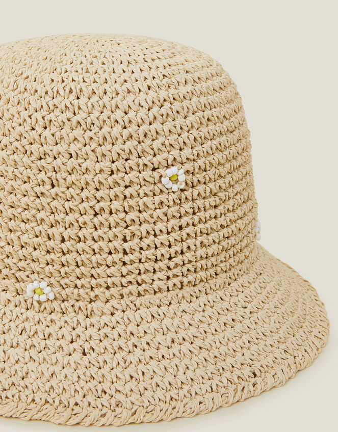 Daisy Embellished Woven Bucket Hat, , large