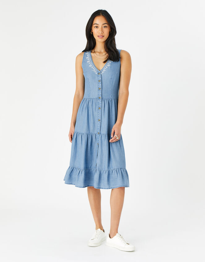 Chambray Tiered Midi Dress, Blue (BLUE), large