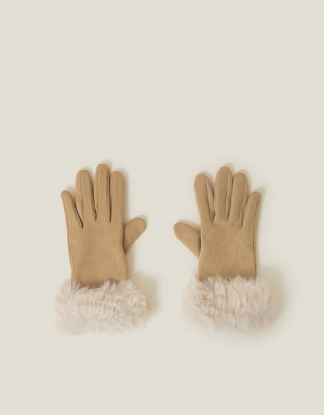 Suedette Faux Fur Cuff Gloves, Natural (NATURAL), large