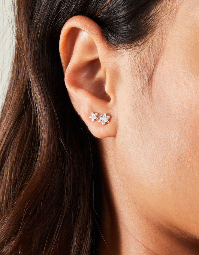3-Pack Sterling Silver-Plated Flower Stud Earrings, , large