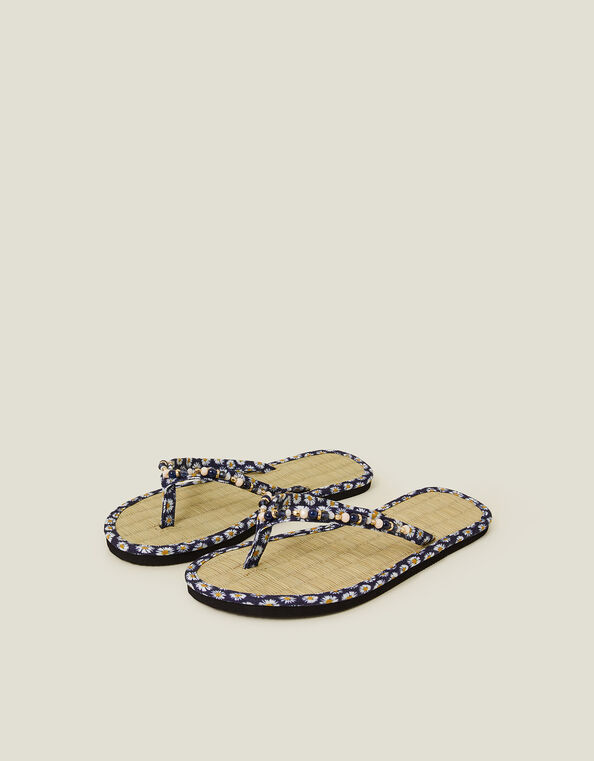 Daisy Print Seagrass Footbed Sandals, Blue (NAVY), large